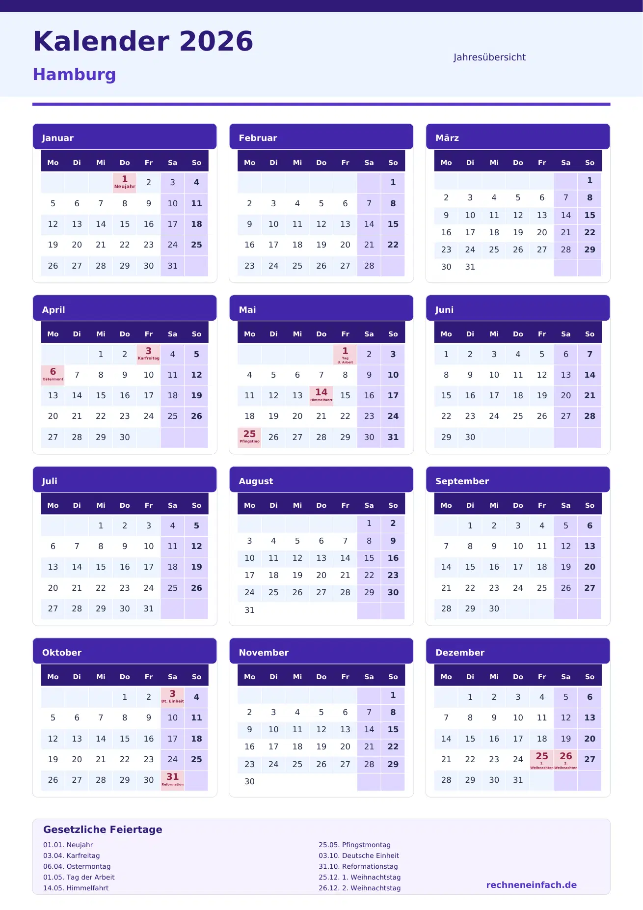 Kalender 2026 Hamburg Hochformat · Jahresübersicht Vorschau