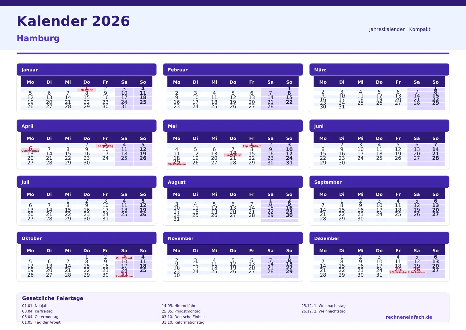 Kalender 2026 Hamburg Querformat · Tage linear Vorschau