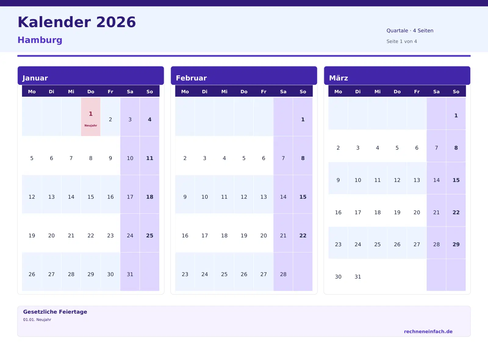 Kalender 2026 Hamburg Querformat · Quartale (4 Seiten) Vorschau