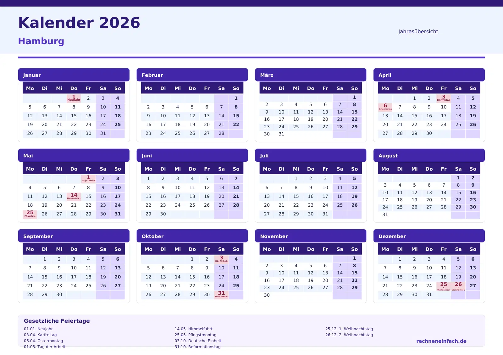 Kalender 2026 Hamburg Querformat · Jahresübersicht Vorschau