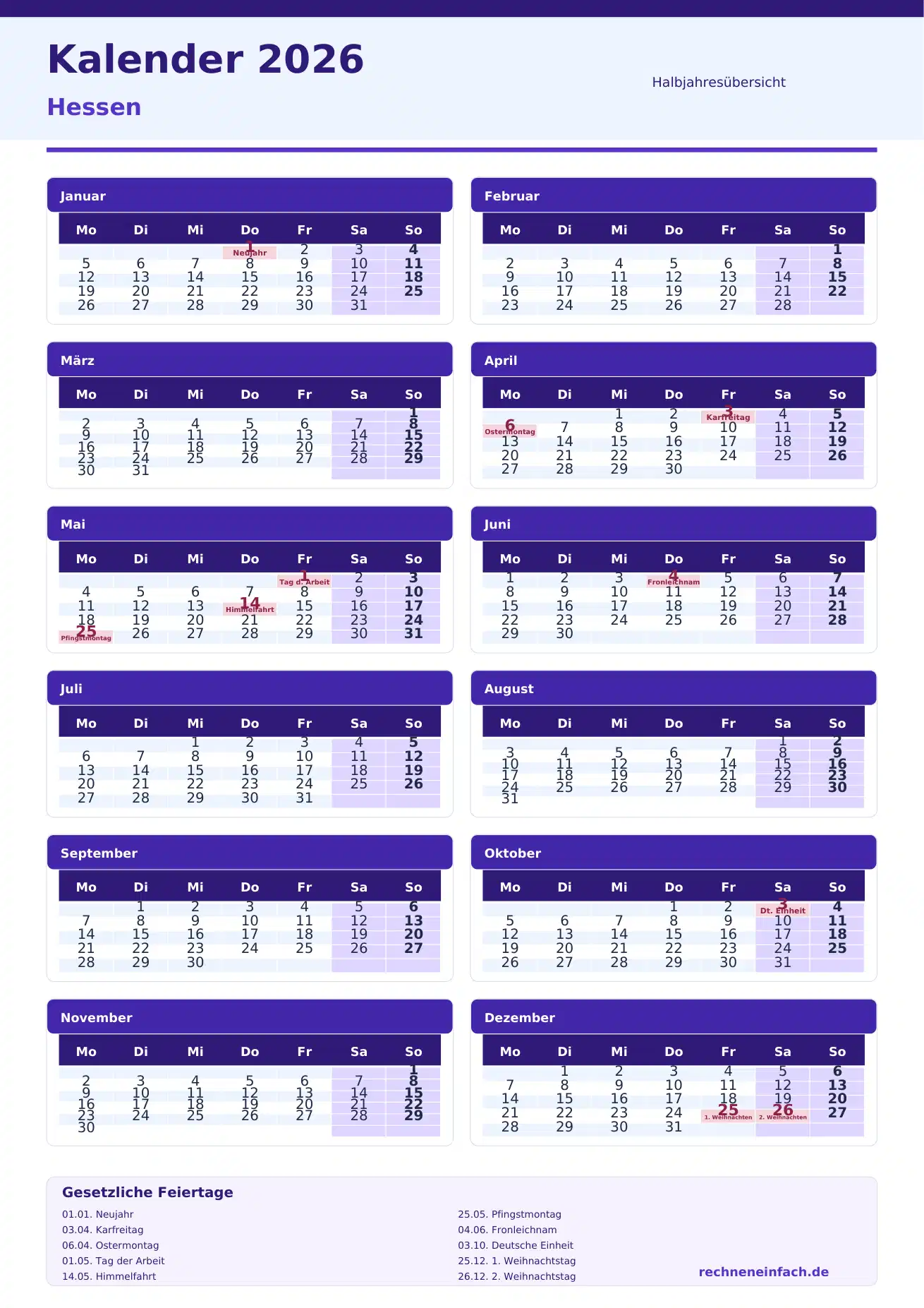 Kalender 2026 Hessen Hochformat · nach Halbjahren Vorschau