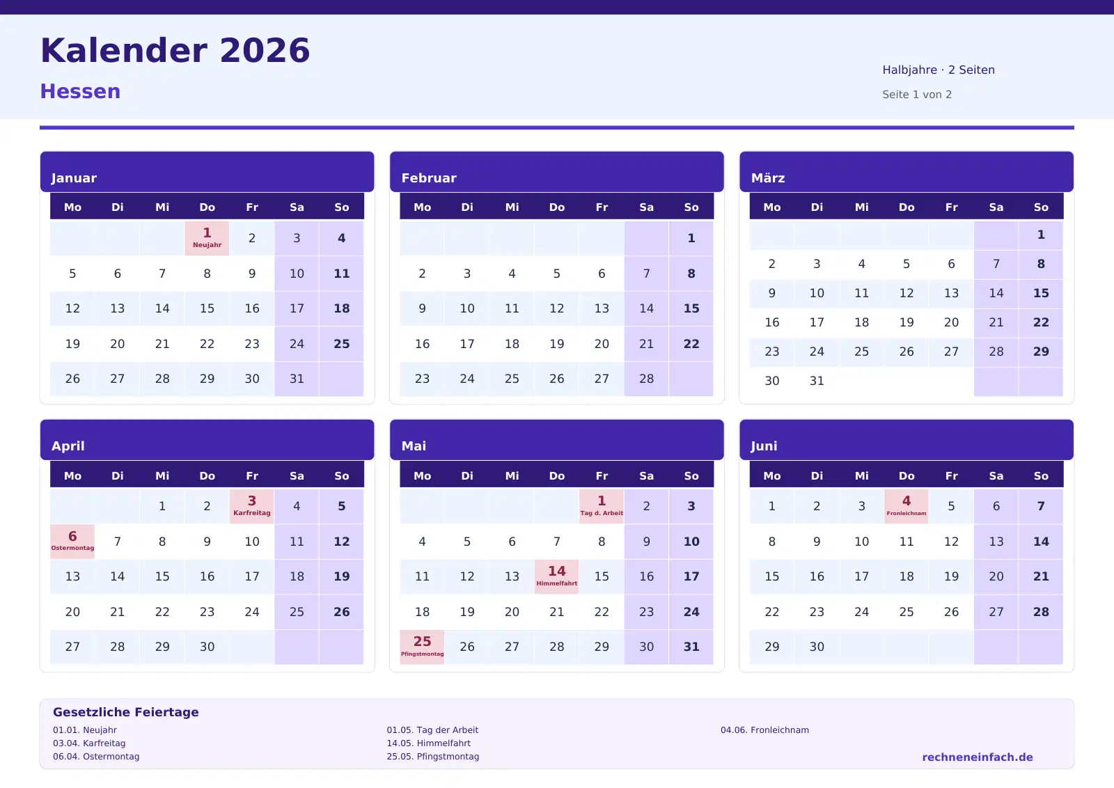 Kalender 2026 Hessen Querformat · Halbjahre (2 Seiten) Vorschau