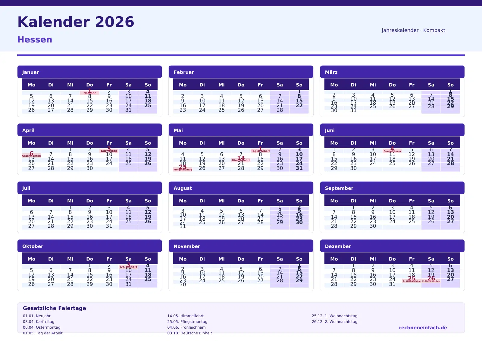 Kalender 2026 Hessen Querformat · Tage linear Vorschau