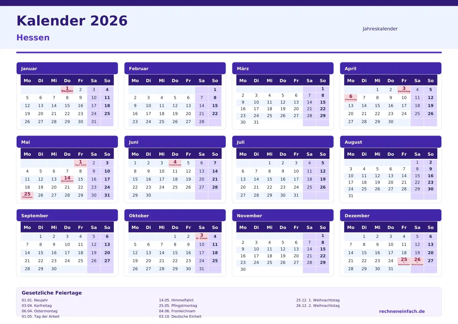 Kalender 2026 Hessen Jahresübersicht im Querformat