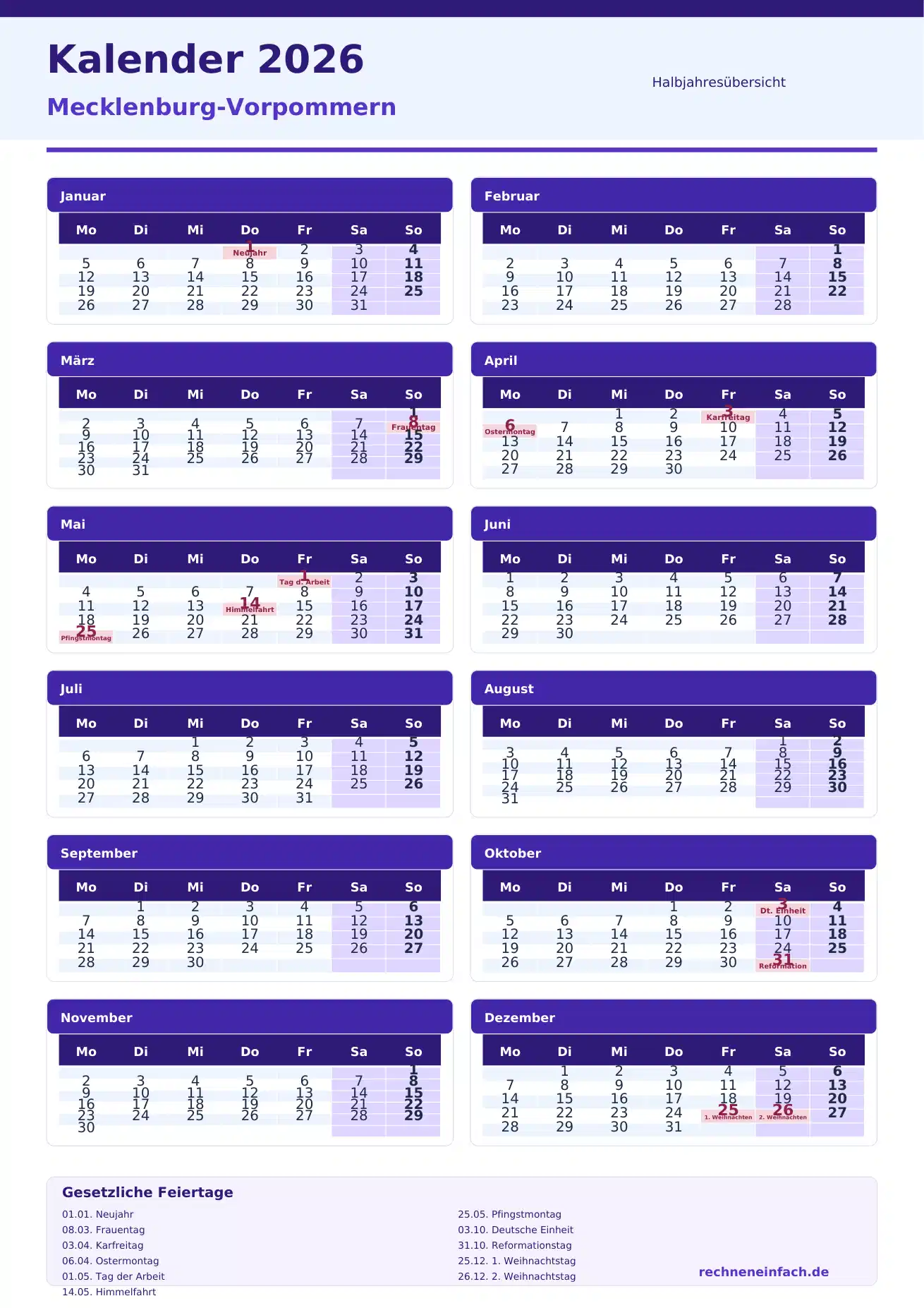 Kalender 2026 Mecklenburg-Vorpommern Hochformat · nach Halbjahren Vorschau