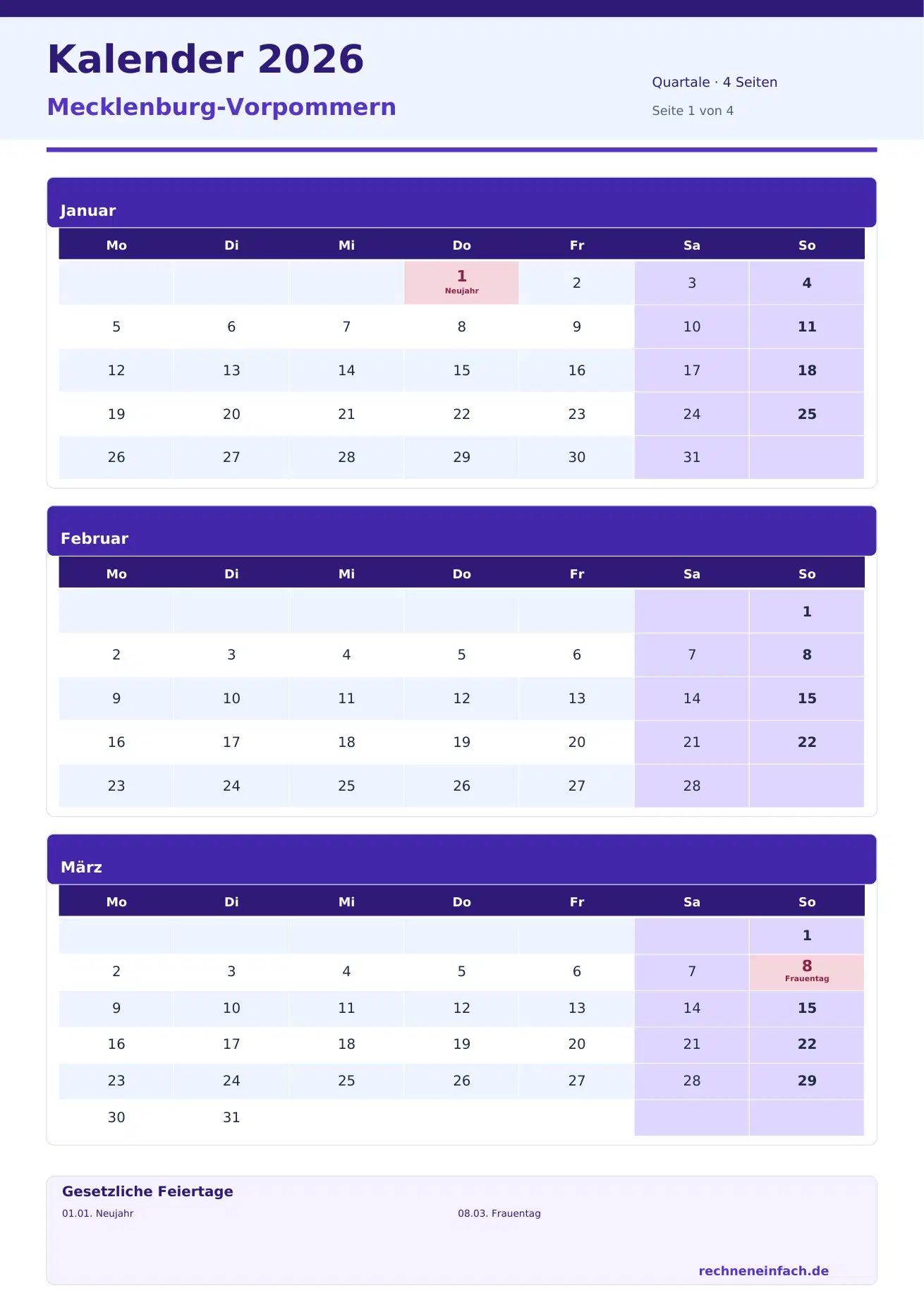 Kalender 2026 Mecklenburg-Vorpommern Hochformat · Quartale (4 Seiten) Vorschau