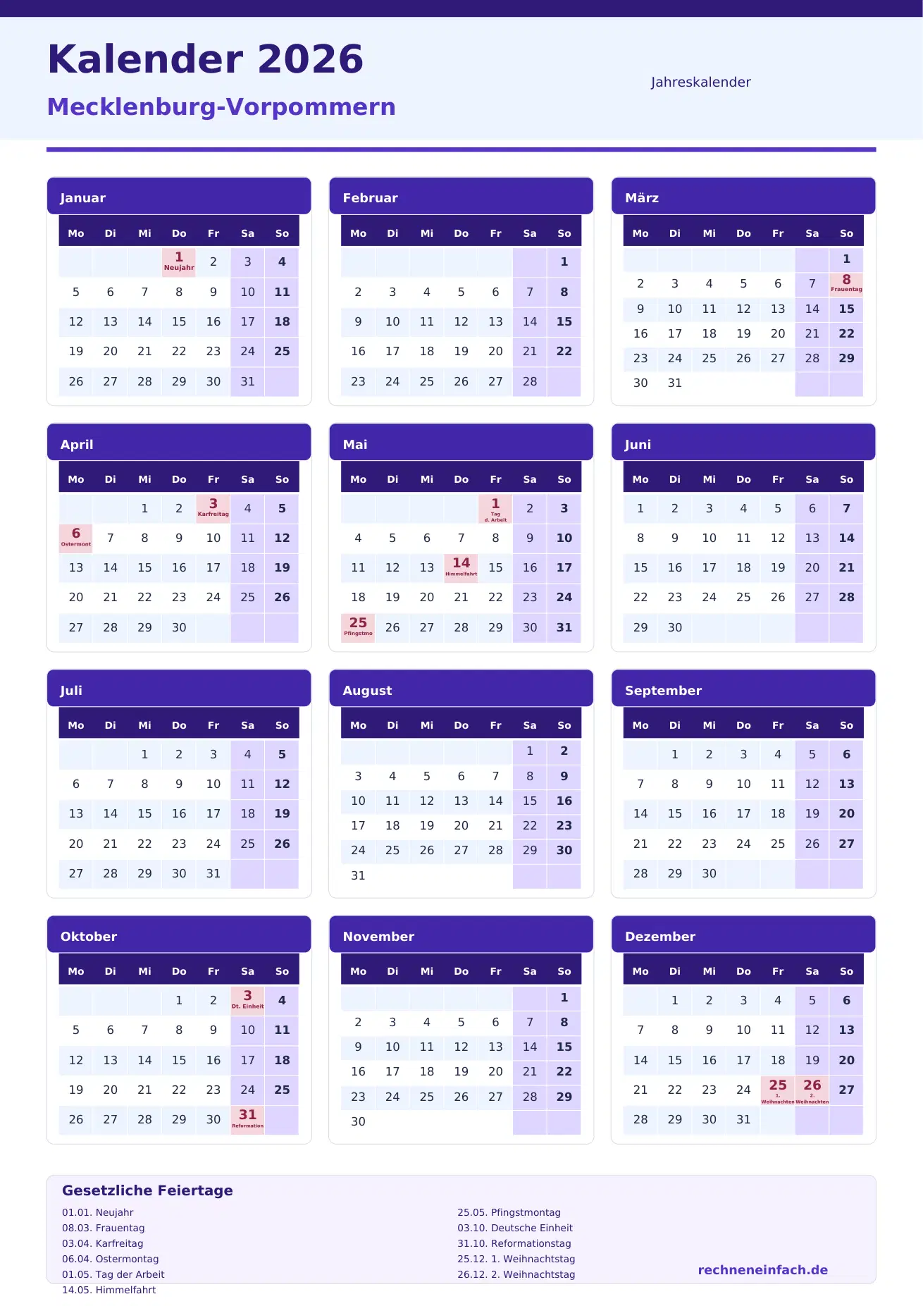 Kalender 2026 Mecklenburg-Vorpommern Hochformat · 1 Seite Vorschau