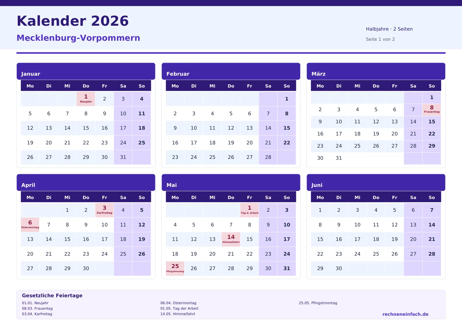 Kalender 2026 Mecklenburg-Vorpommern Querformat · Halbjahre (2 Seiten) Vorschau