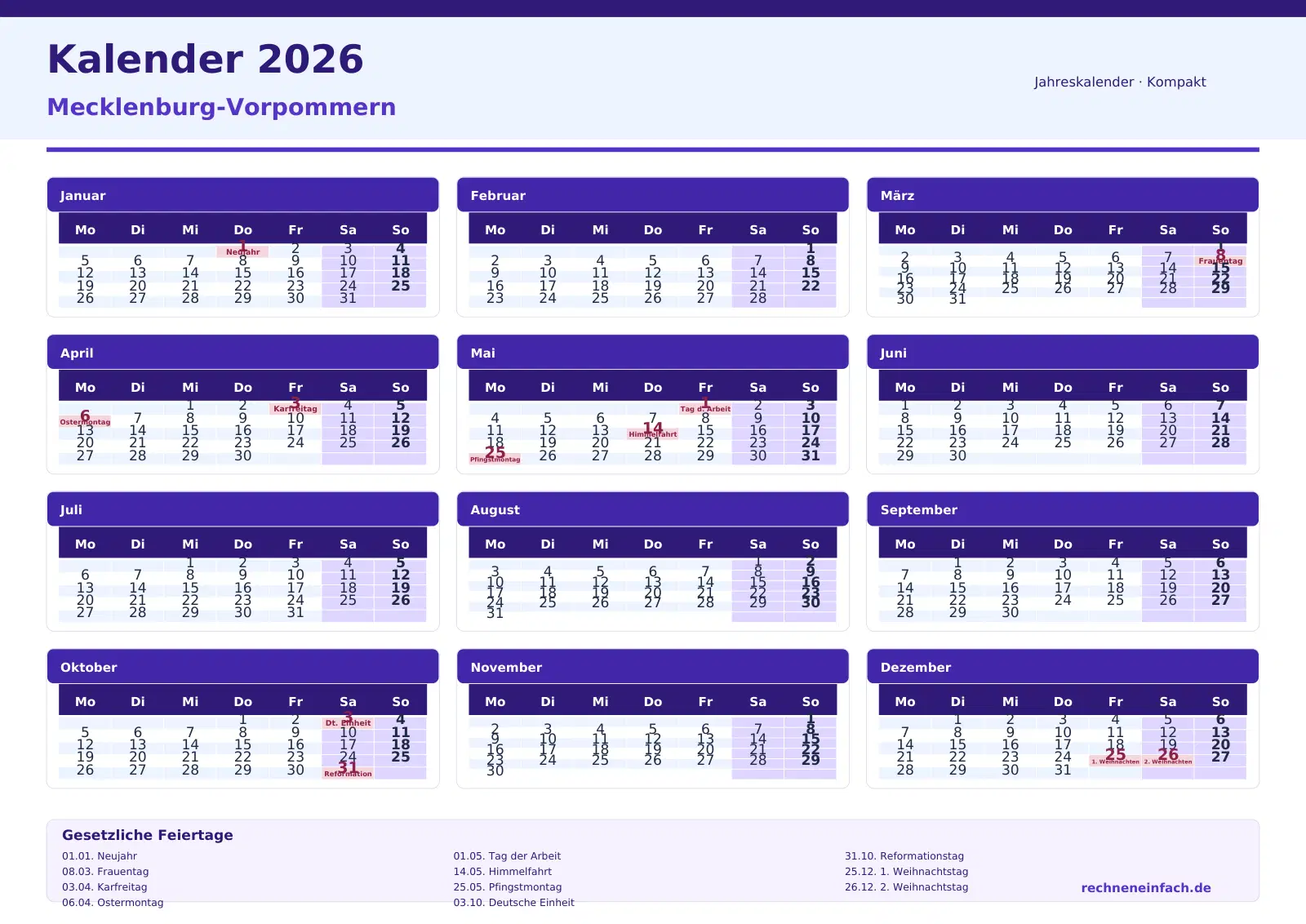 Kalender 2026 Mecklenburg-Vorpommern Querformat · Tage linear Vorschau