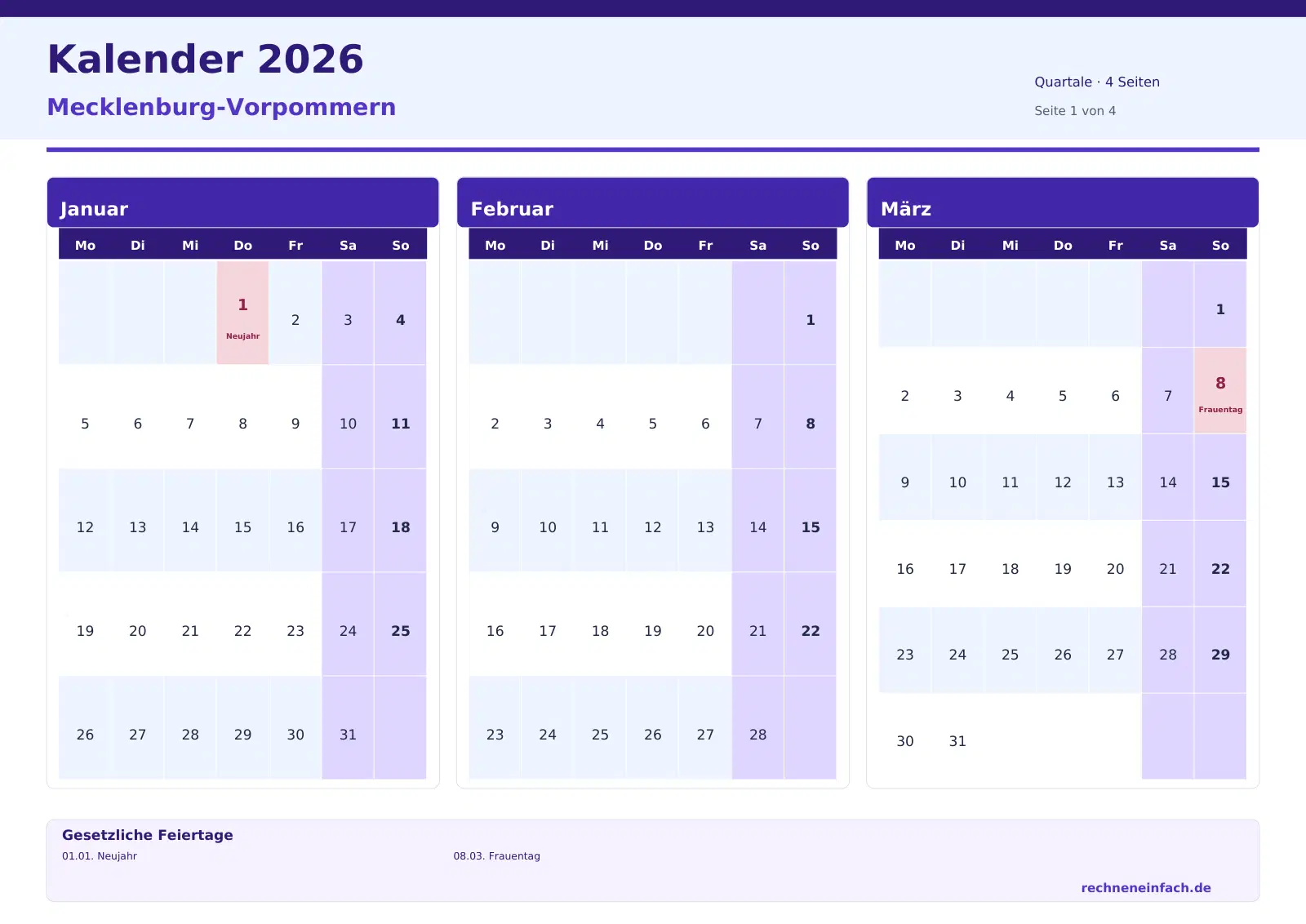 Kalender 2026 Mecklenburg-Vorpommern Querformat · Quartale (4 Seiten) Vorschau
