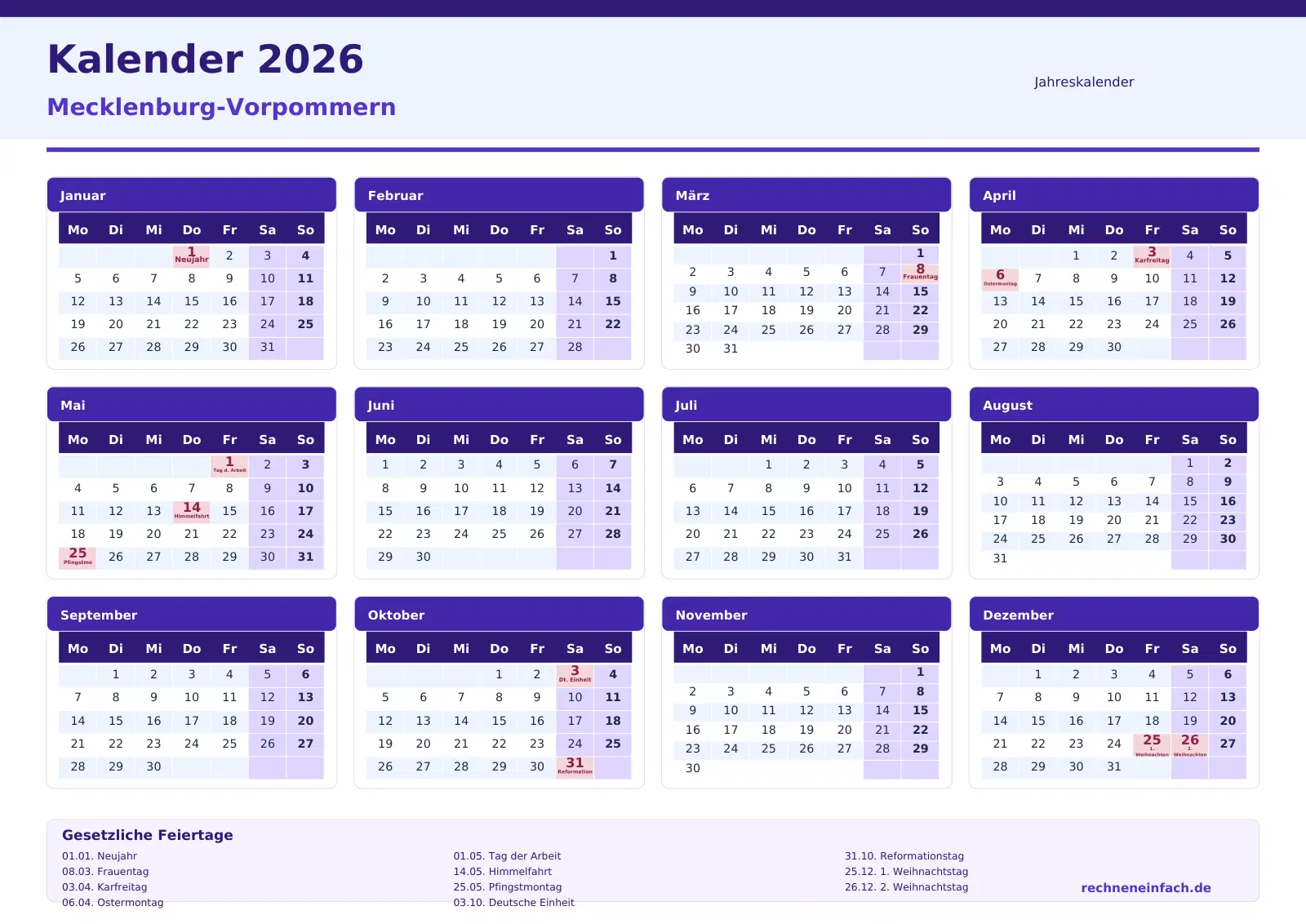Kalender 2026 Mecklenburg-Vorpommern Jahresübersicht im Querformat