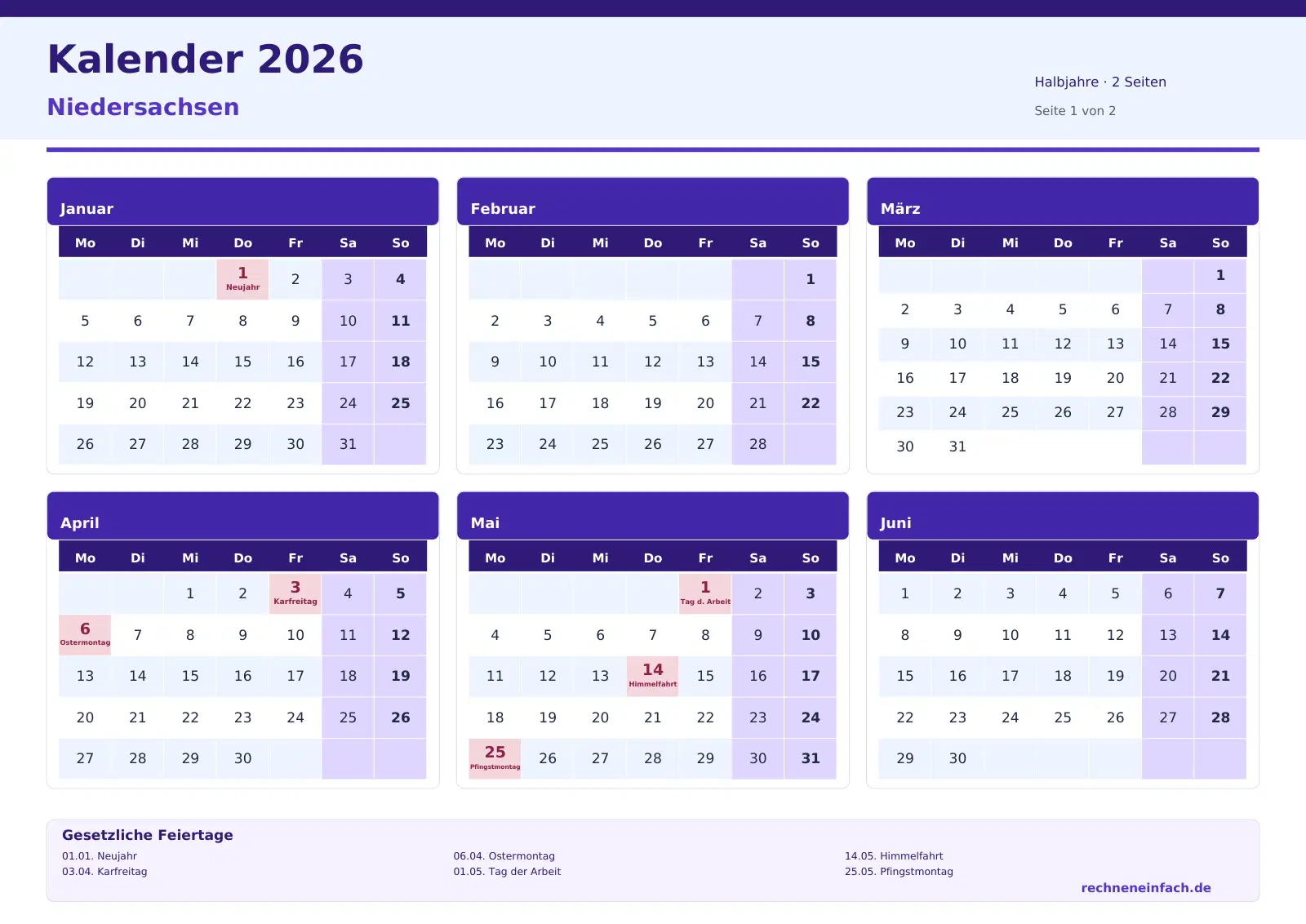 Kalender 2026 Niedersachsen Querformat · Halbjahre (2 Seiten) Vorschau