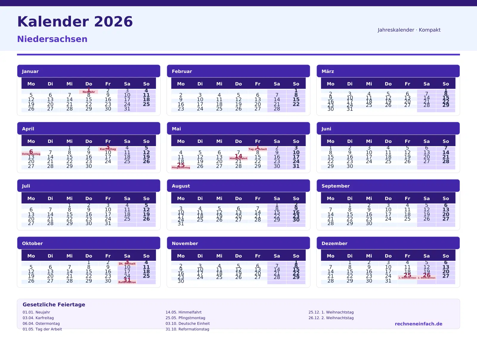 Kalender 2026 Niedersachsen Querformat · Tage linear Vorschau
