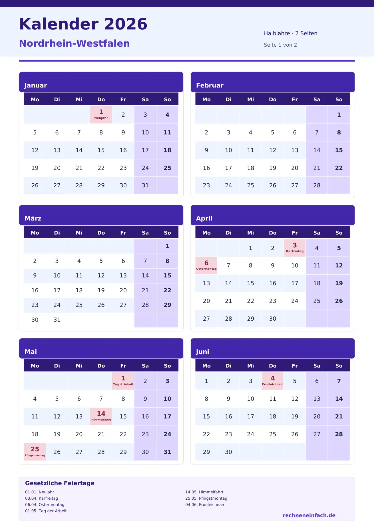 Kalender 2026 Nordrhein-Westfalen Hochformat · Halbjahre (2 Seiten) Vorschau