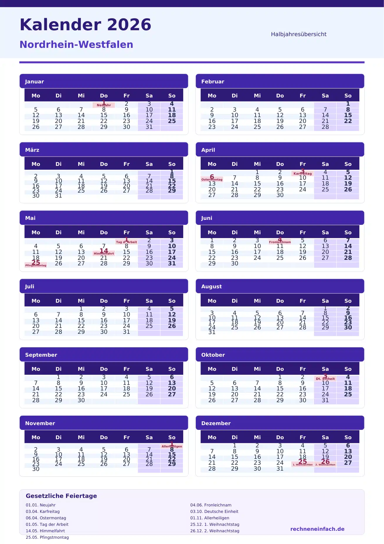 Kalender 2026 Nordrhein-Westfalen Hochformat · nach Halbjahren Vorschau