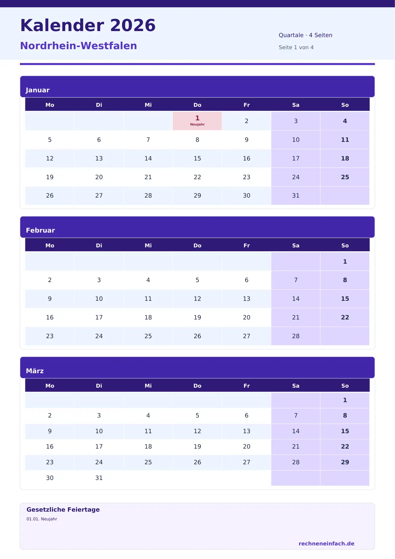 Kalender 2026 Nordrhein-Westfalen Hochformat · Quartale (4 Seiten) Vorschau