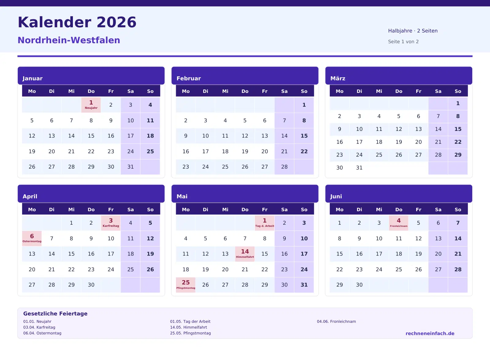 Kalender 2026 Nordrhein-Westfalen Querformat · Halbjahre (2 Seiten) Vorschau