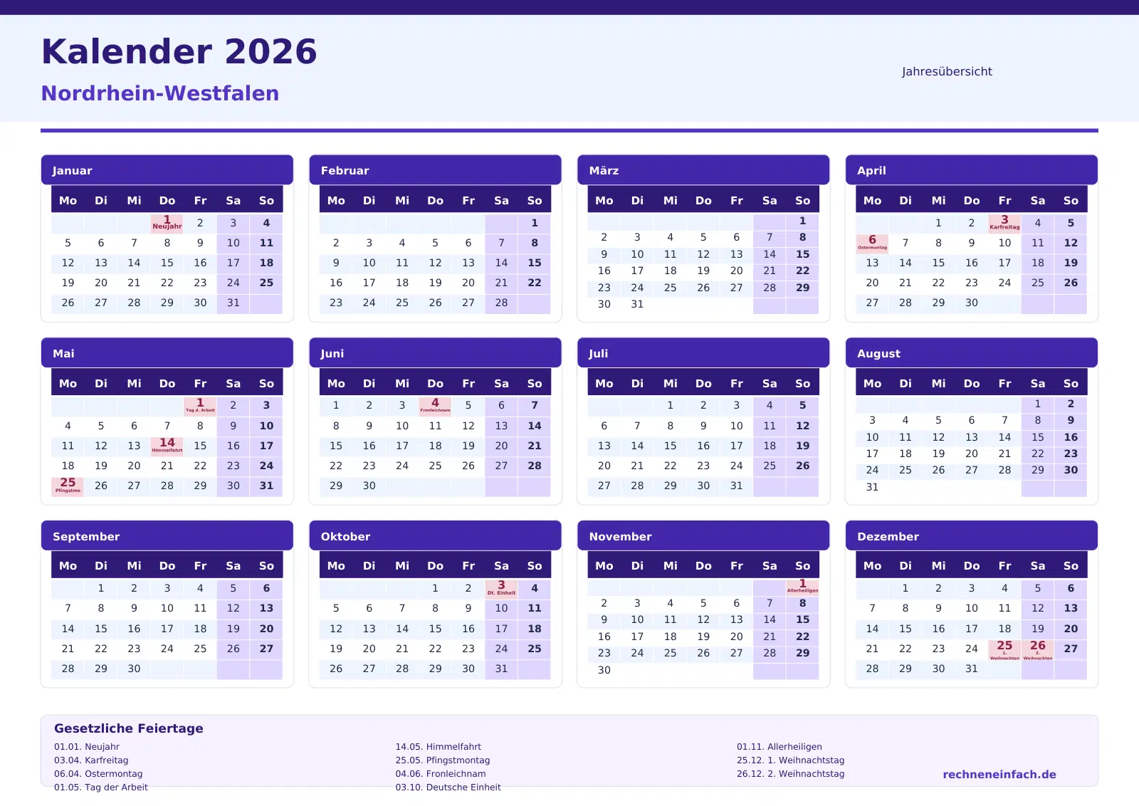 Kalender 2026 Nordrhein-Westfalen Querformat · Jahresübersicht Vorschau