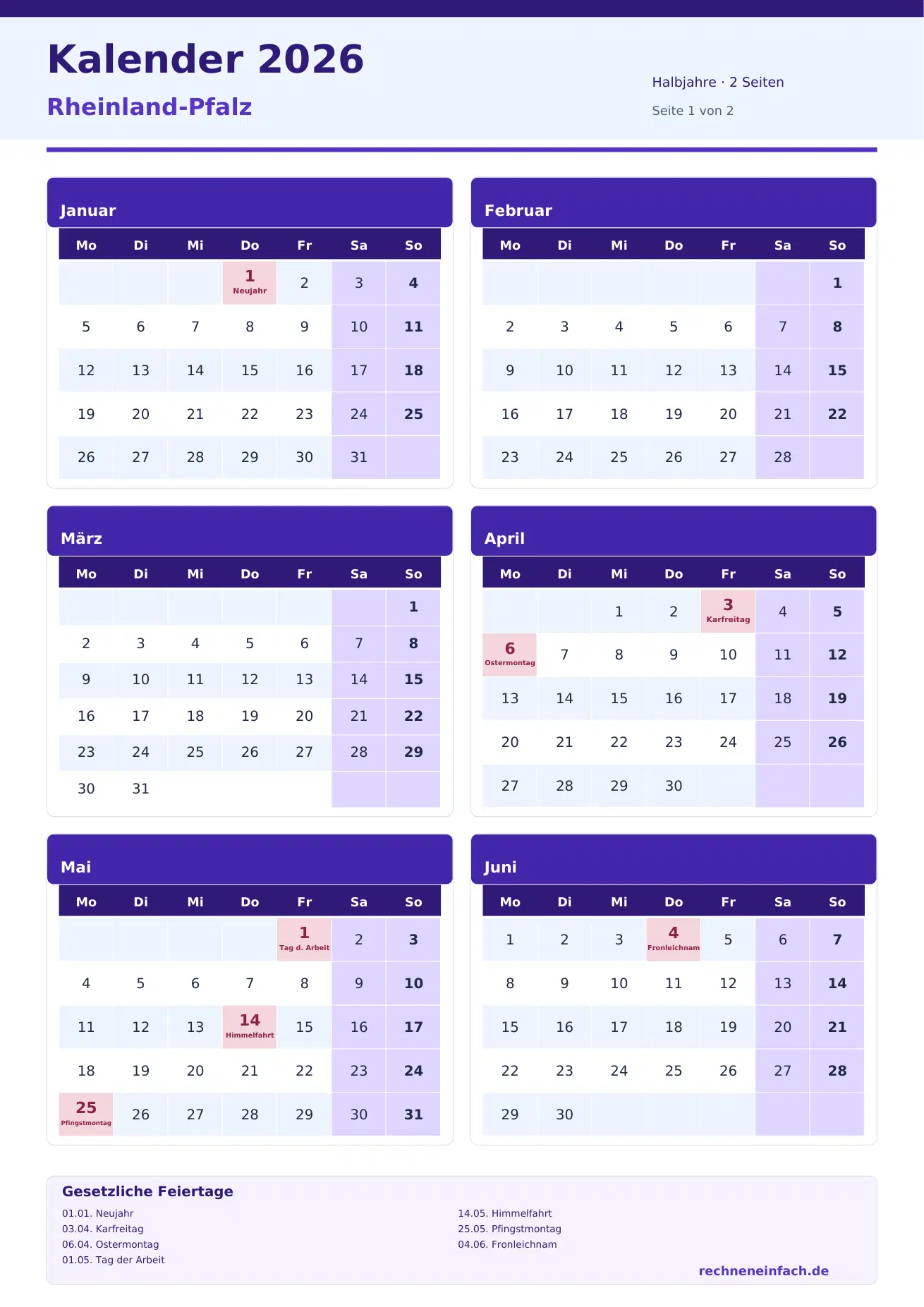 Kalender 2026 Rheinland-Pfalz Hochformat · Halbjahre (2 Seiten) Vorschau