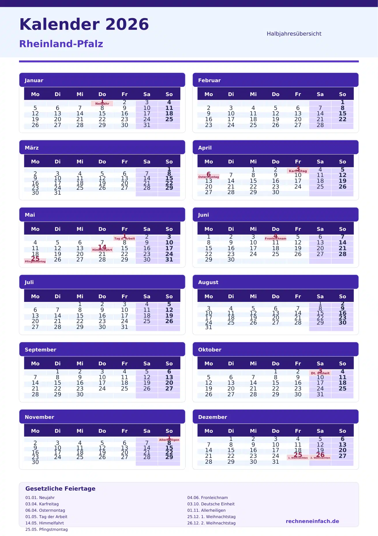 Kalender 2026 Rheinland-Pfalz Hochformat · nach Halbjahren Vorschau