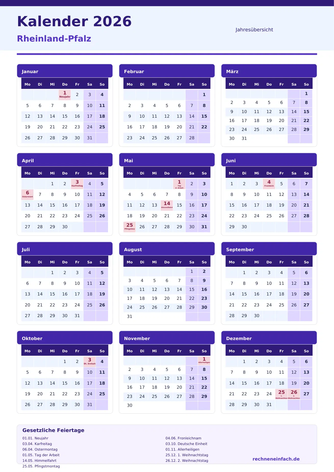 Kalender 2026 Rheinland-Pfalz Hochformat · Jahresübersicht Vorschau