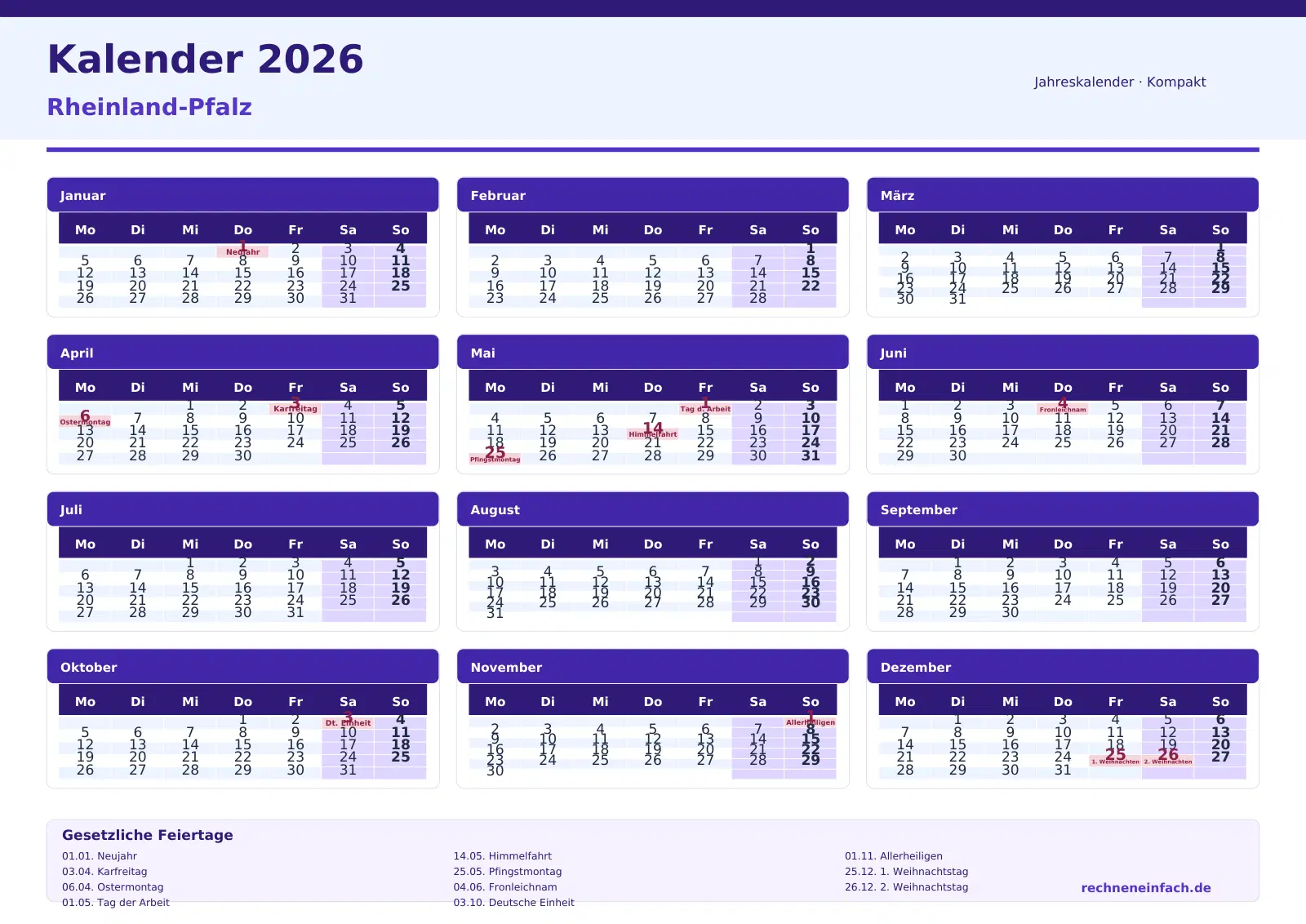 Kalender 2026 Rheinland-Pfalz Querformat · Tage linear Vorschau