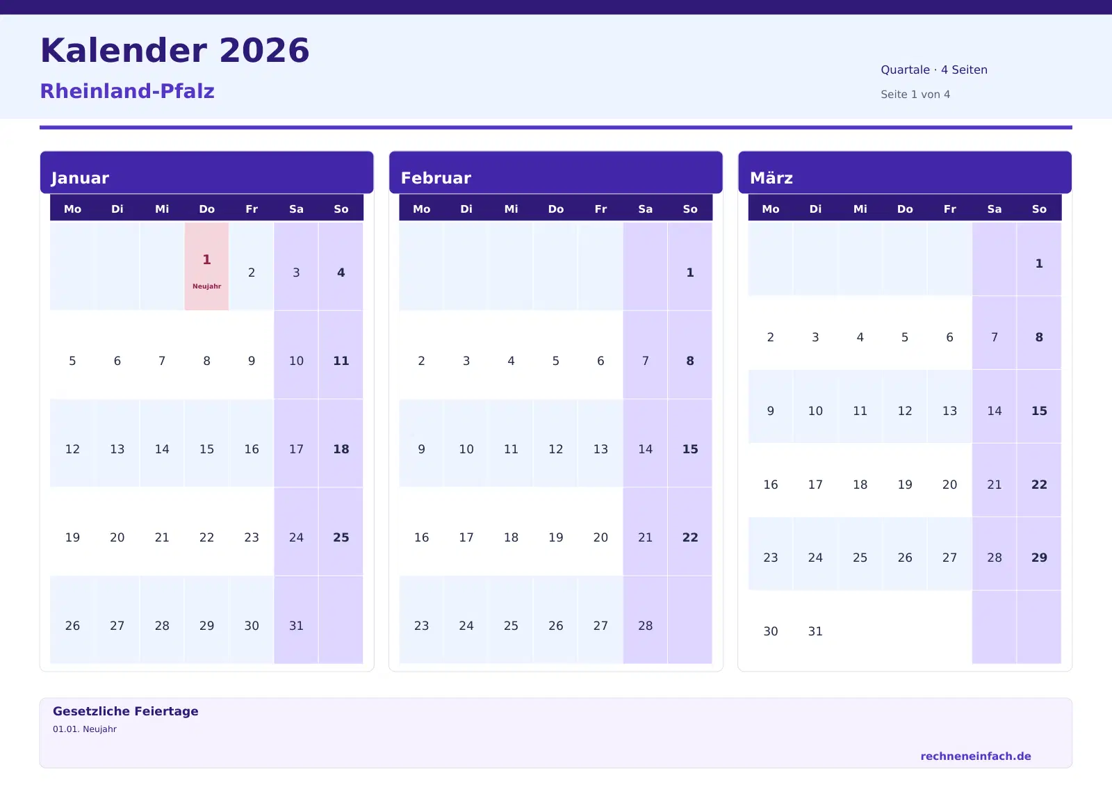 Kalender 2026 Rheinland-Pfalz Querformat · Quartale (4 Seiten) Vorschau