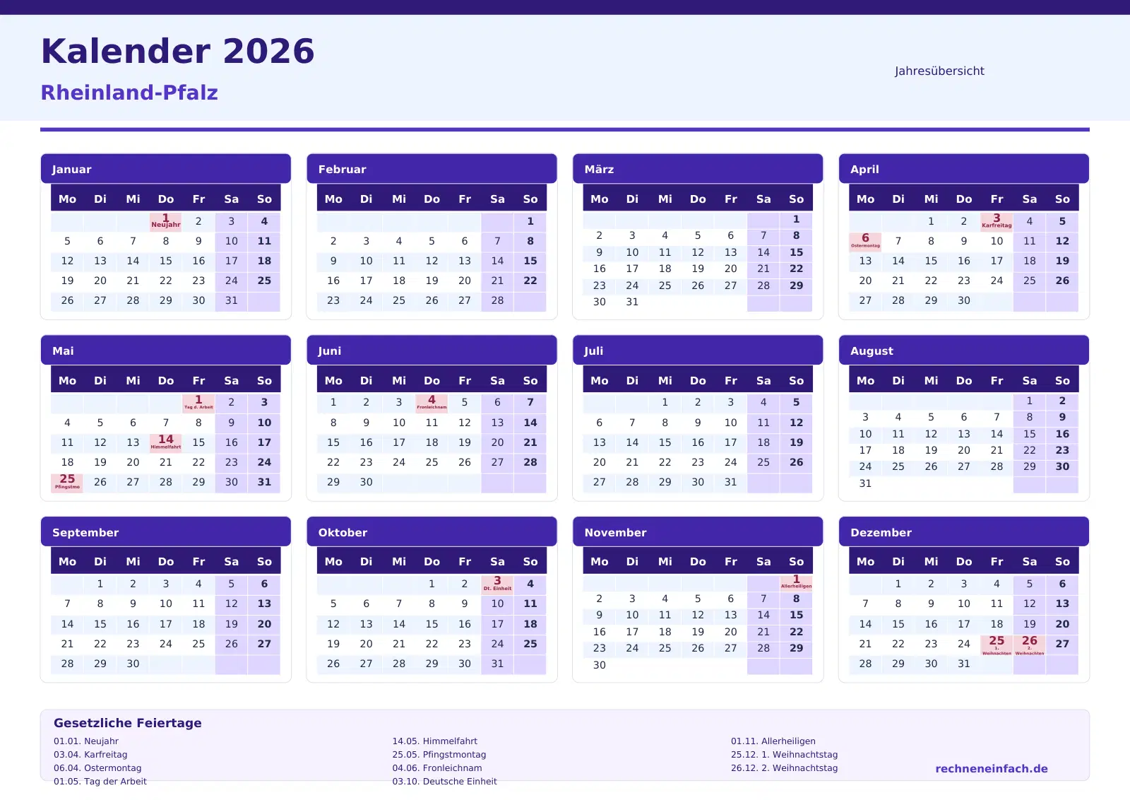 Kalender 2026 Rheinland-Pfalz Querformat · Jahresübersicht Vorschau