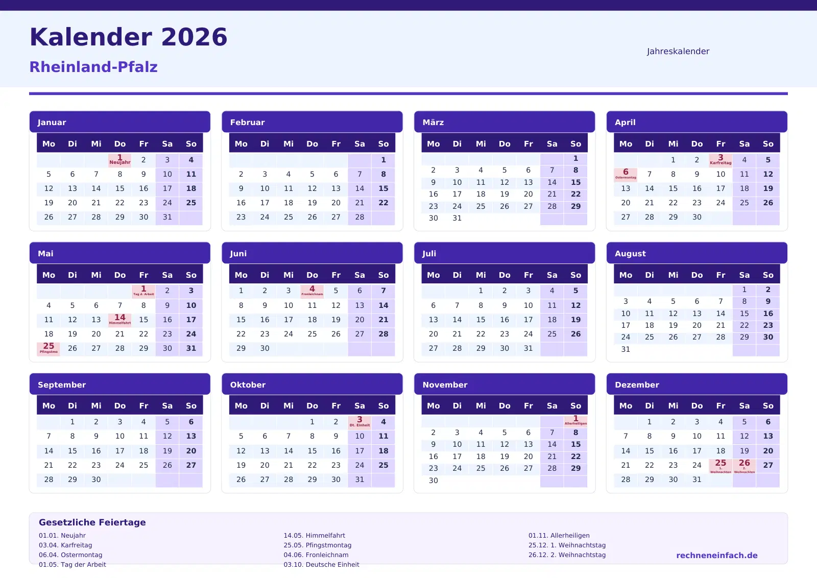 Kalender 2026 Rheinland-Pfalz Jahresübersicht im Querformat