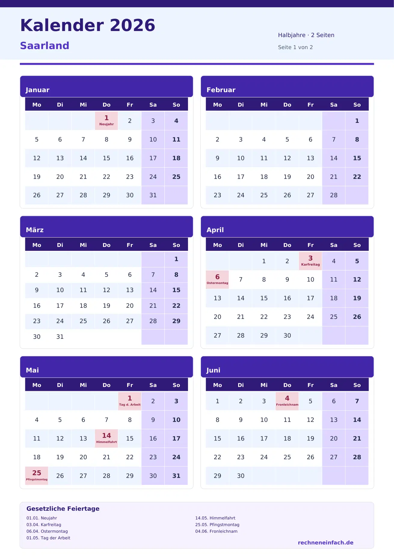 Kalender 2026 Saarland Hochformat · Halbjahre (2 Seiten) Vorschau