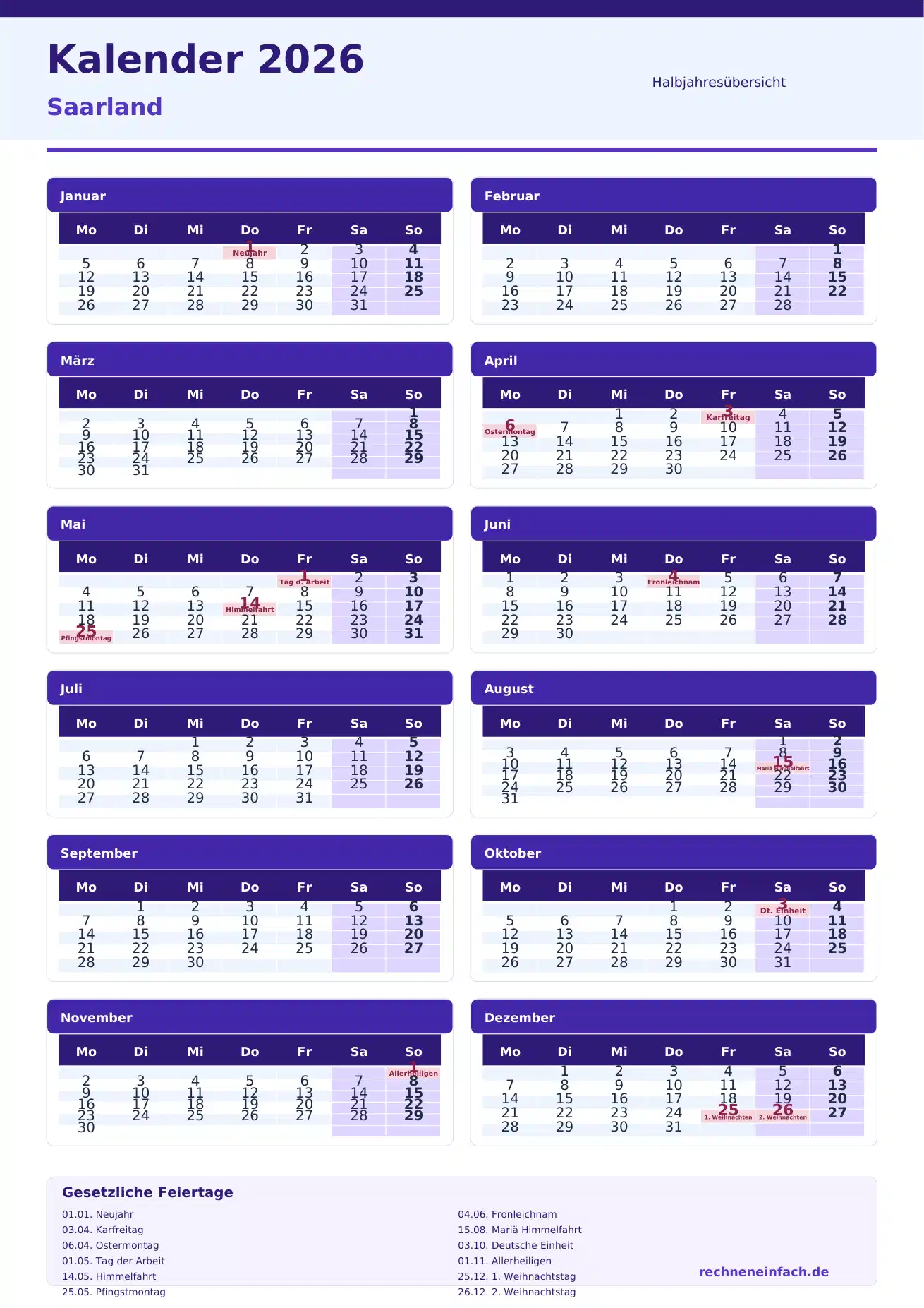 Kalender 2026 Saarland Hochformat · nach Halbjahren Vorschau