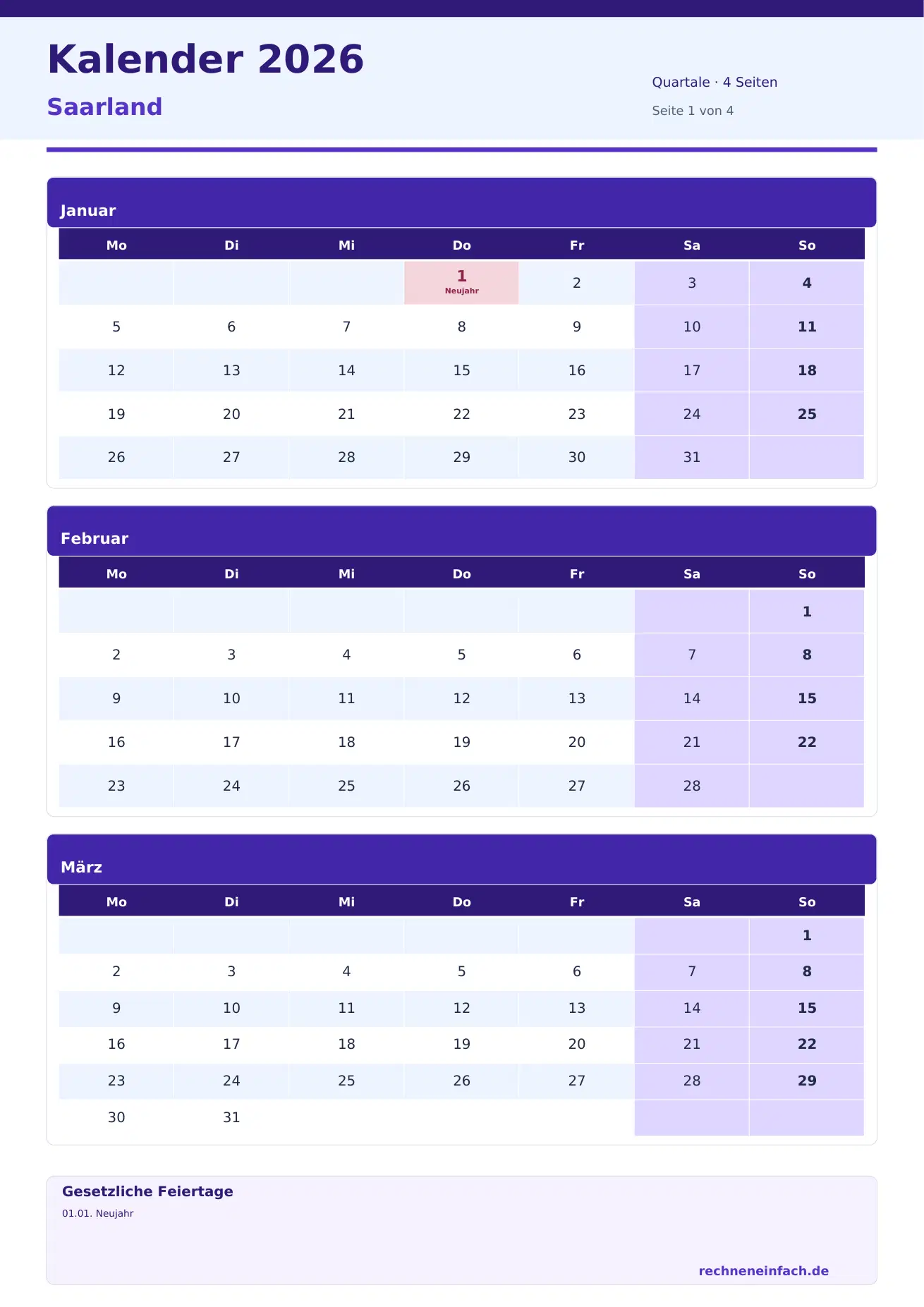 Kalender 2026 Saarland Hochformat · Quartale (4 Seiten) Vorschau