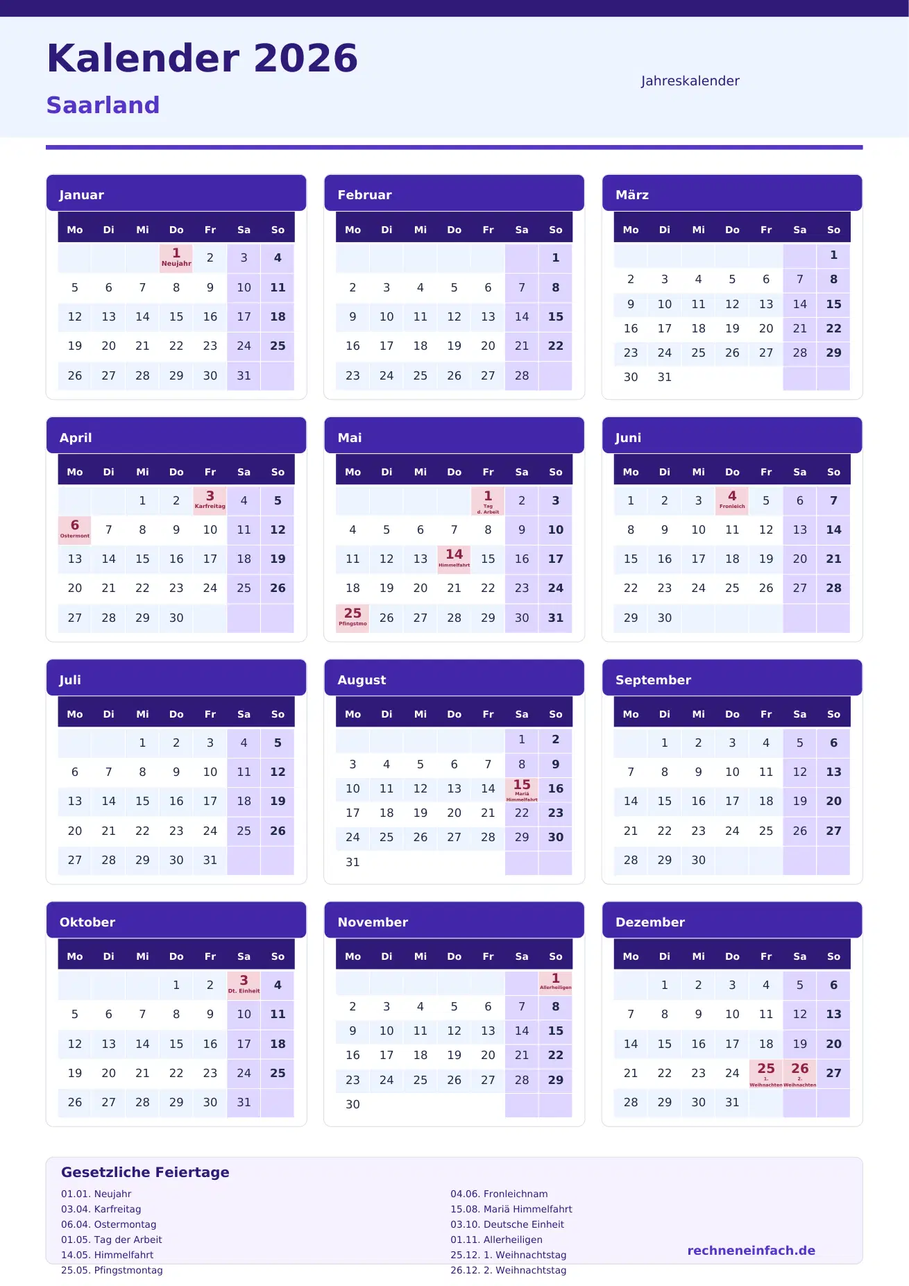Kalender 2026 Saarland Hochformat · 1 Seite Vorschau