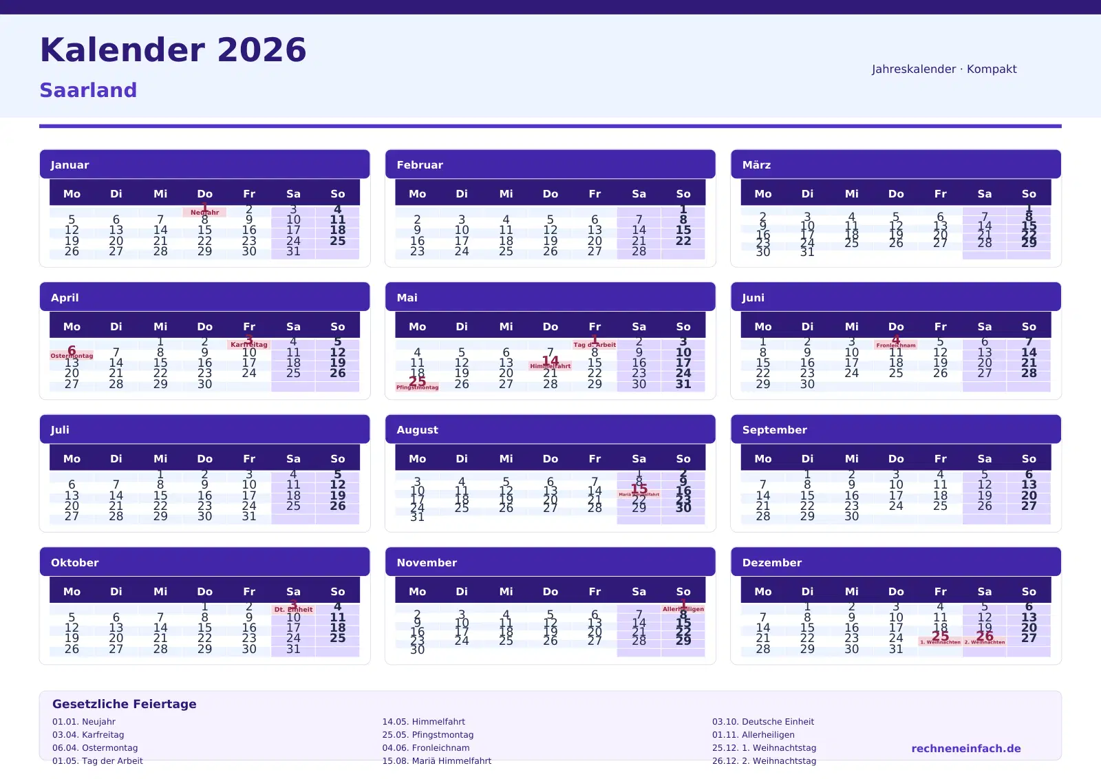 Kalender 2026 Saarland Querformat · Tage linear Vorschau