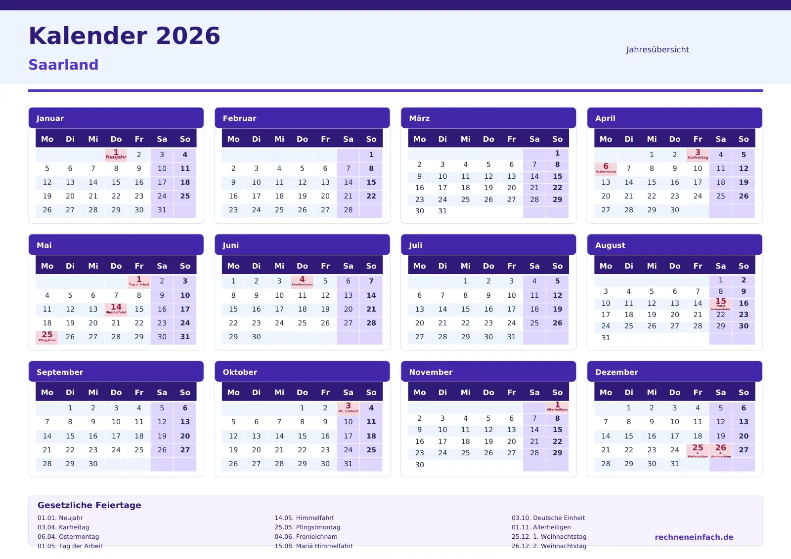 Kalender 2026 Saarland Querformat · Jahresübersicht Vorschau