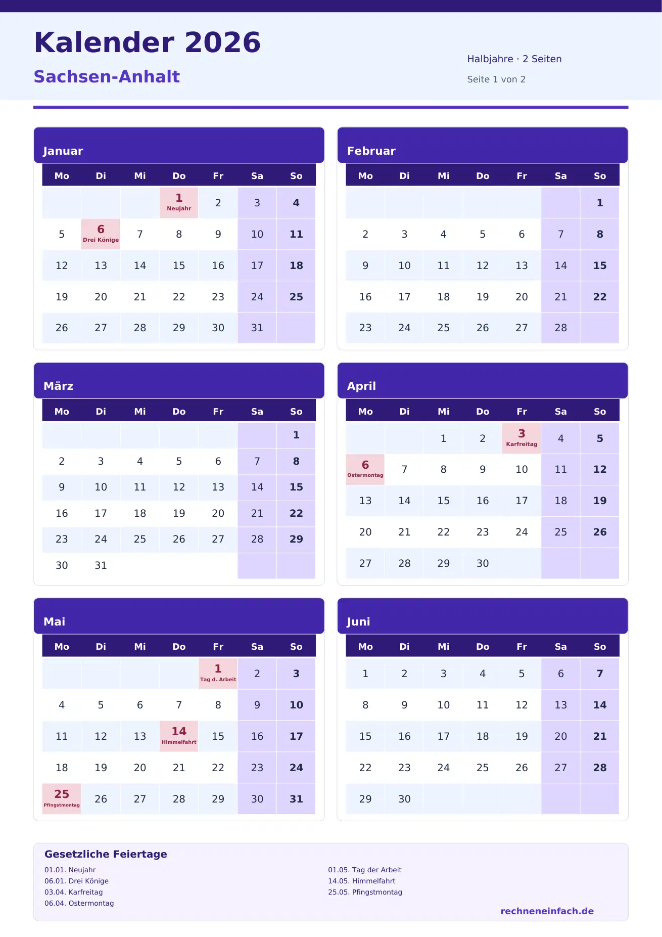 Kalender 2026 Sachsen-Anhalt Hochformat · Halbjahre (2 Seiten) Vorschau