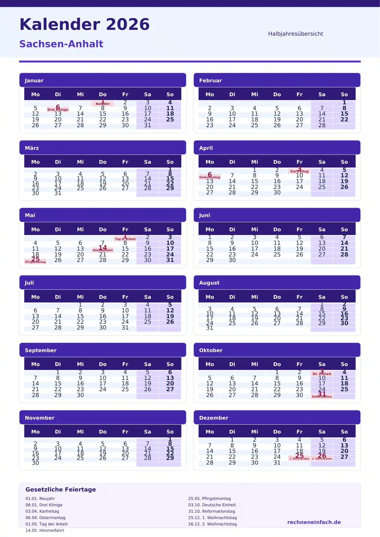Kalender 2026 Sachsen-Anhalt Hochformat · nach Halbjahren Vorschau
