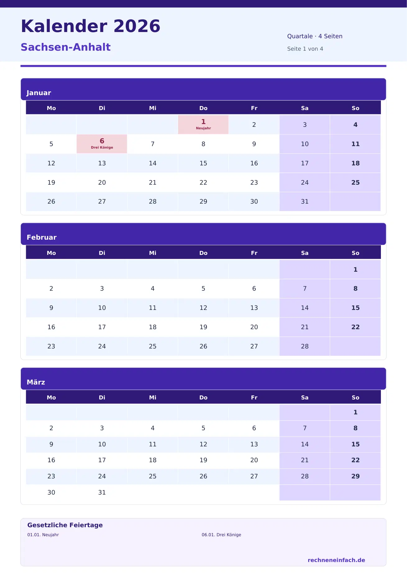 Kalender 2026 Sachsen-Anhalt Hochformat · Quartale (4 Seiten) Vorschau