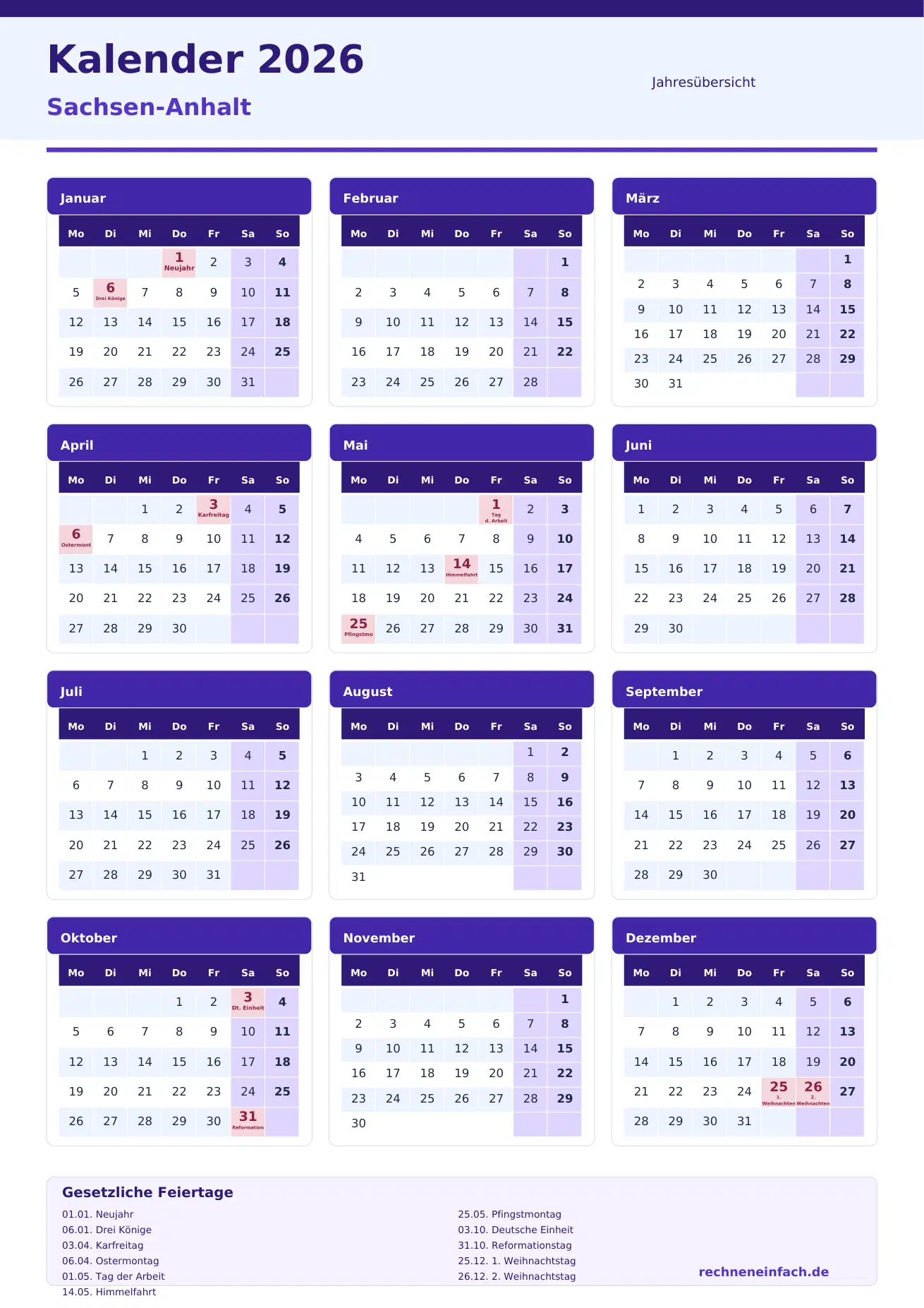 Kalender 2026 Sachsen-Anhalt Hochformat · Jahresübersicht Vorschau