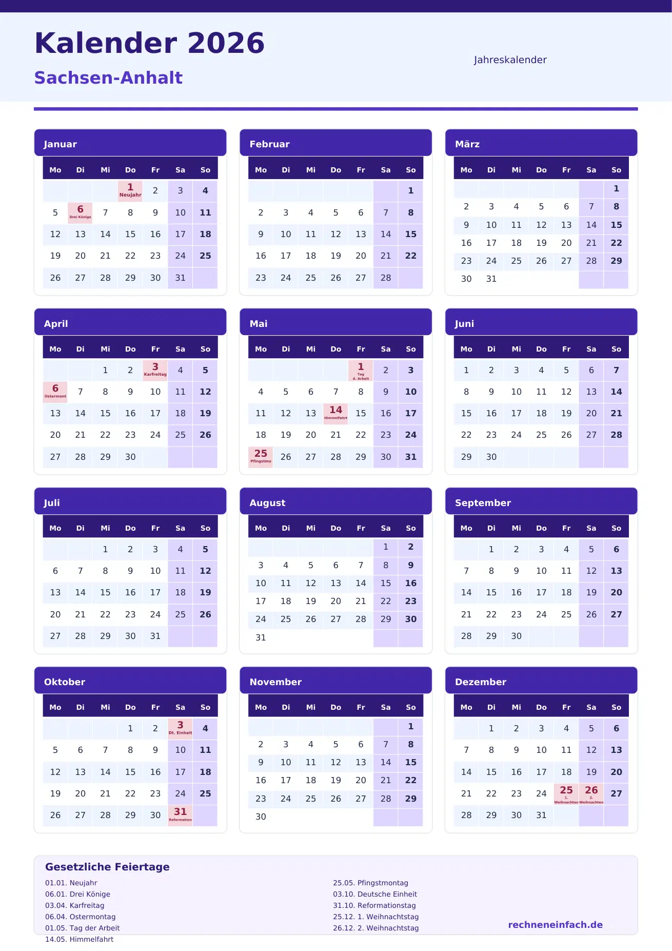 Kalender 2026 Sachsen-Anhalt Hochformat · 1 Seite Vorschau