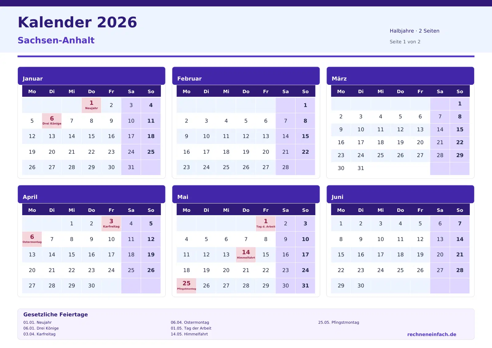 Kalender 2026 Sachsen-Anhalt Querformat · Halbjahre (2 Seiten) Vorschau