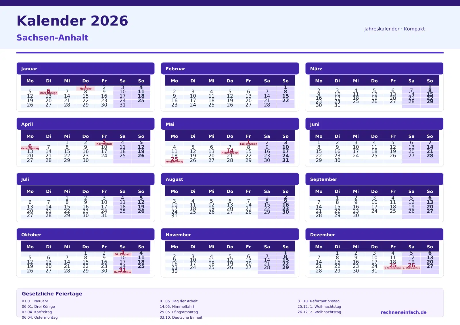 Kalender 2026 Sachsen-Anhalt Querformat · Tage linear Vorschau