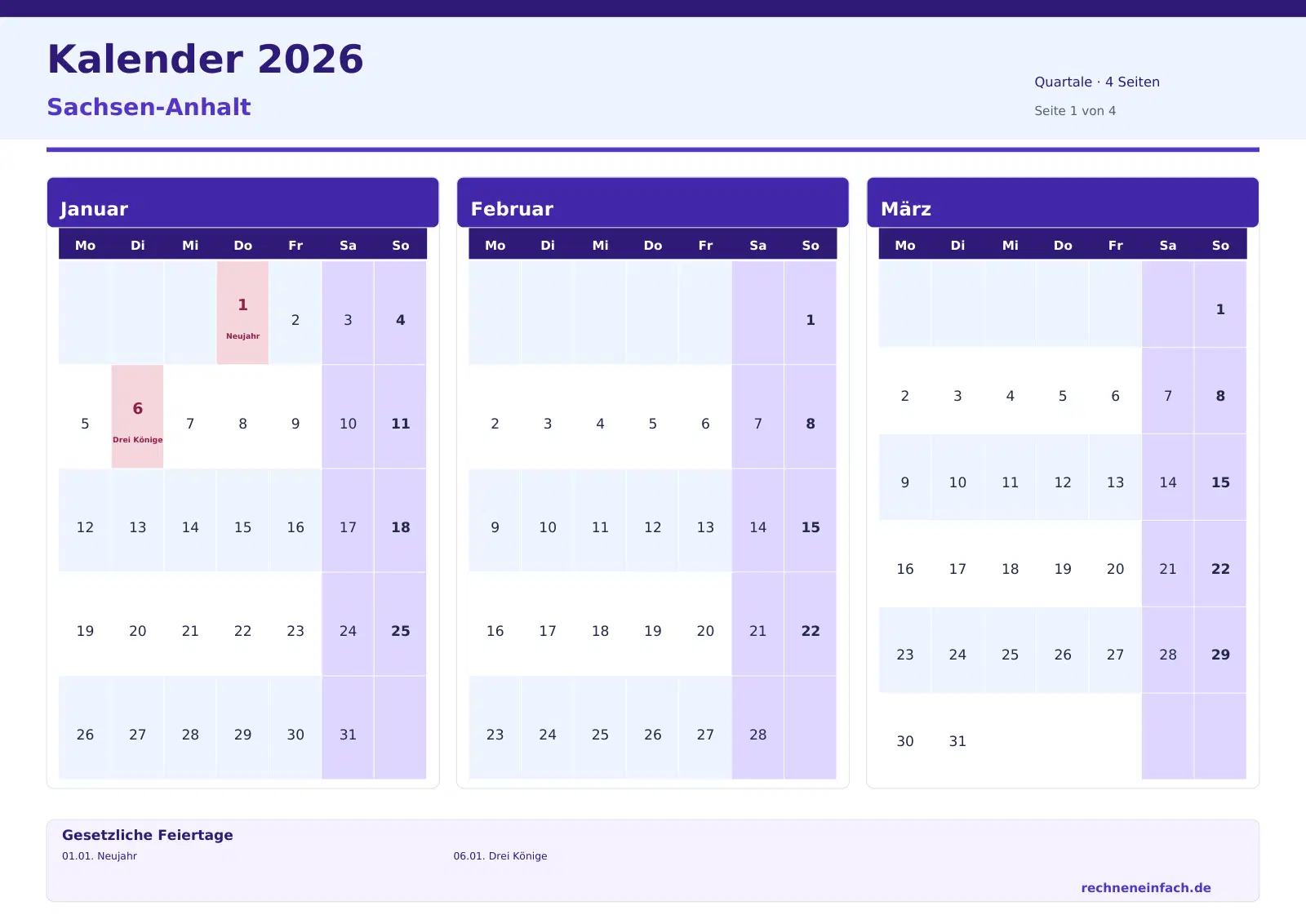Kalender 2026 Sachsen-Anhalt Querformat · Quartale (4 Seiten) Vorschau