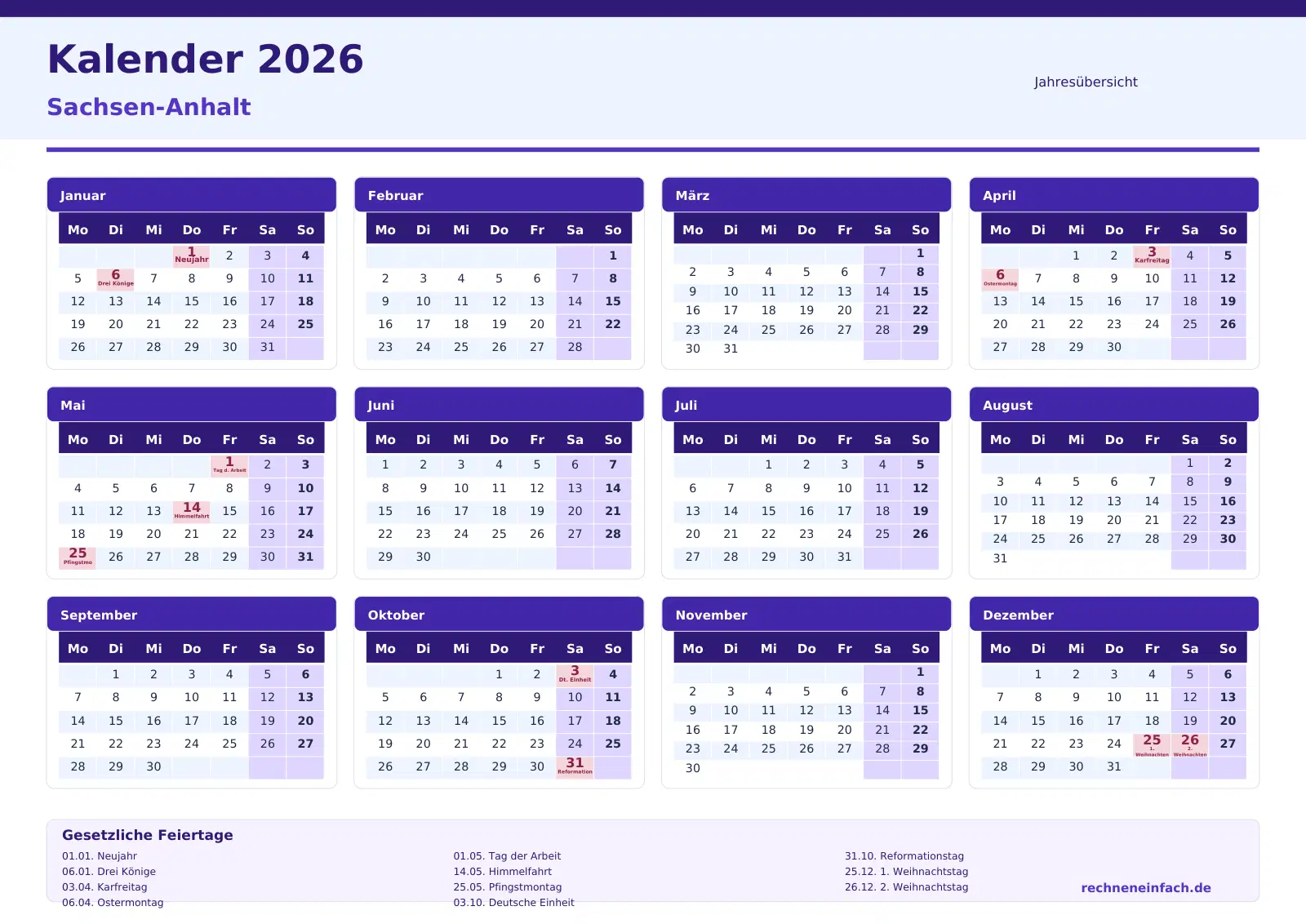 Kalender 2026 Sachsen-Anhalt Querformat · Jahresübersicht Vorschau