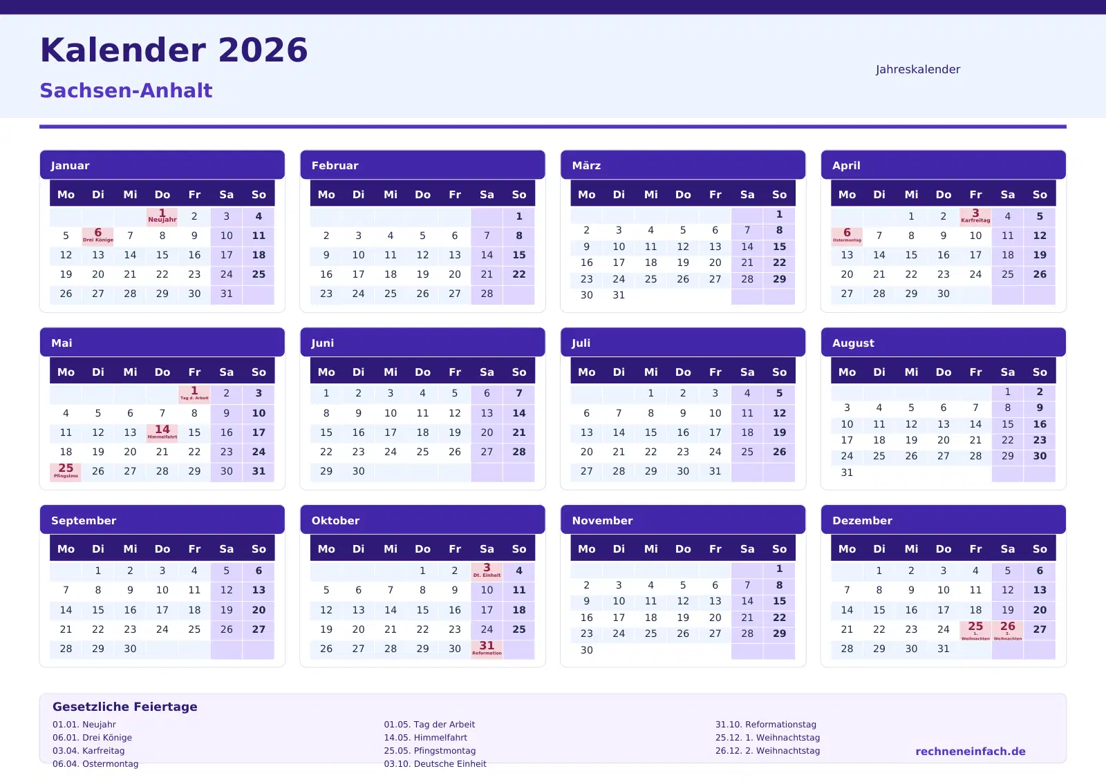 Kalender 2026 Sachsen-Anhalt Jahresübersicht im Querformat
