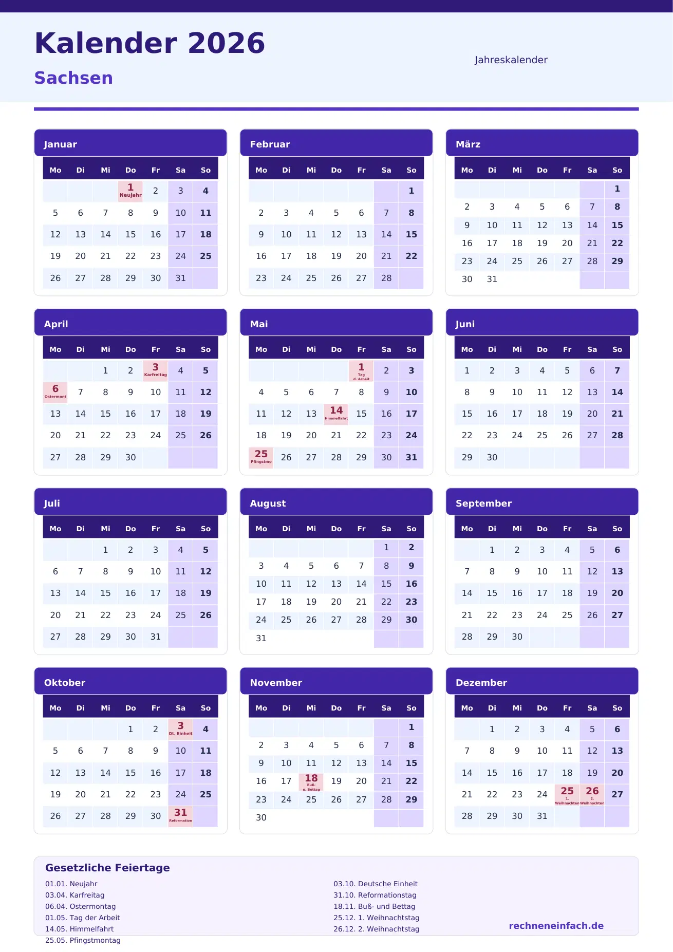 Kalender 2026 Sachsen Hochformat · 1 Seite Vorschau