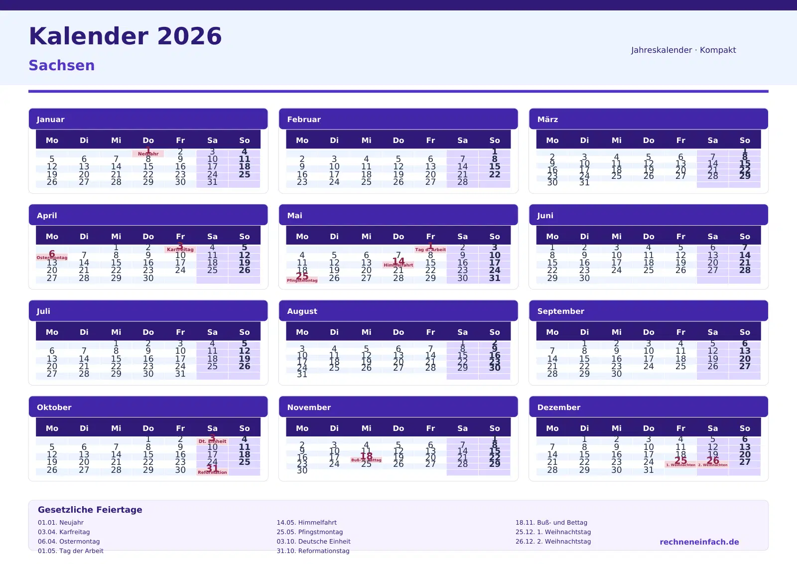 Kalender 2026 Sachsen Querformat · Tage linear Vorschau