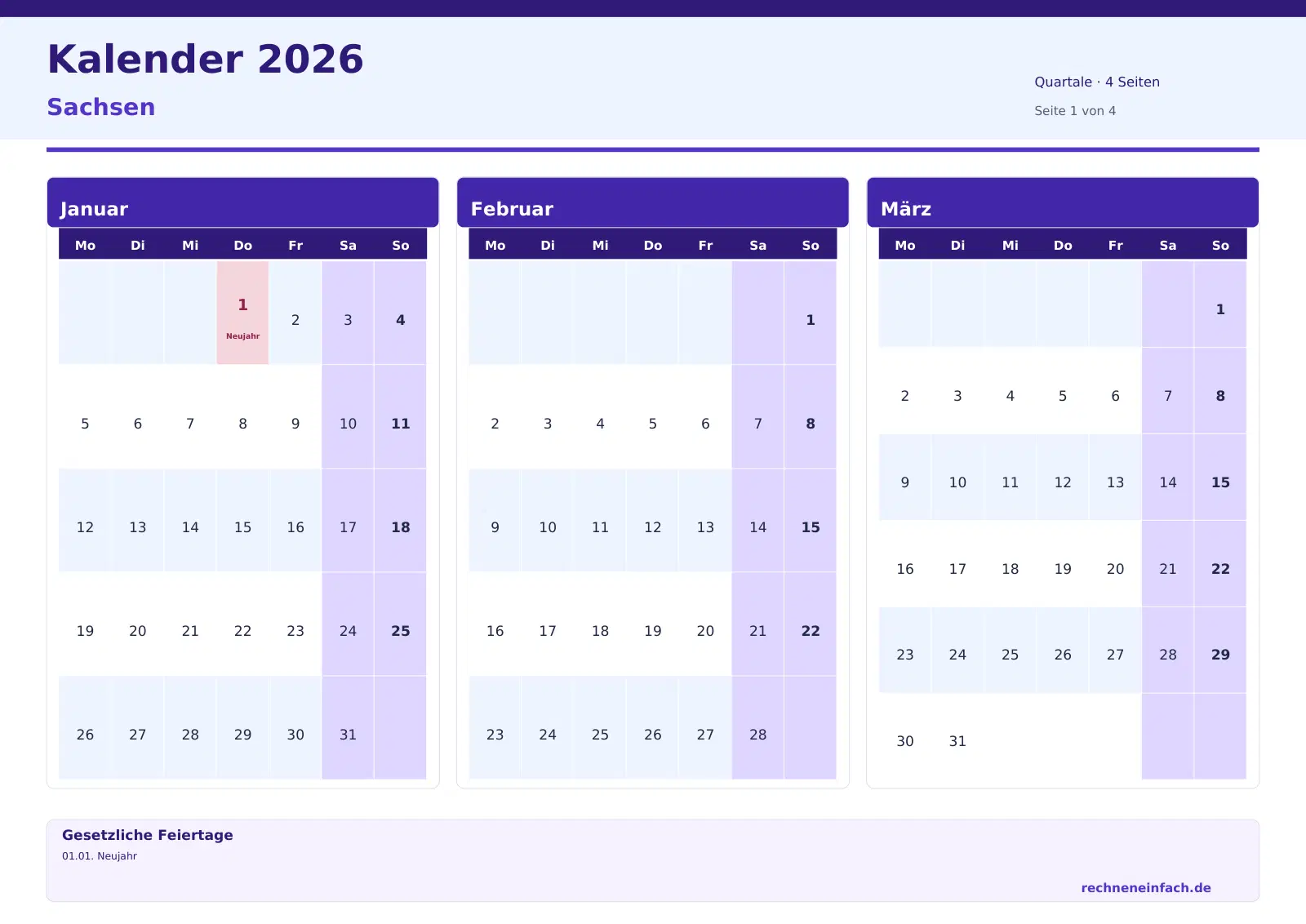 Kalender 2026 Sachsen Querformat · Quartale (4 Seiten) Vorschau