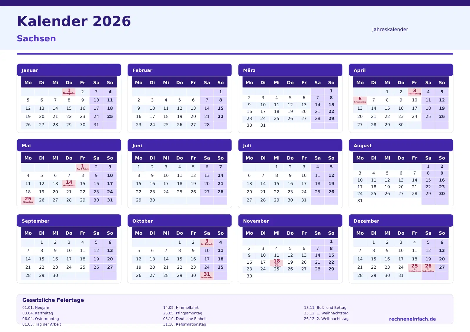 Kalender 2026 Sachsen: 10 PDF-Vorlagen zum Ausdrucken und Bi 1 Kalender 2026 Sachsen Jahresübersicht im Querformat