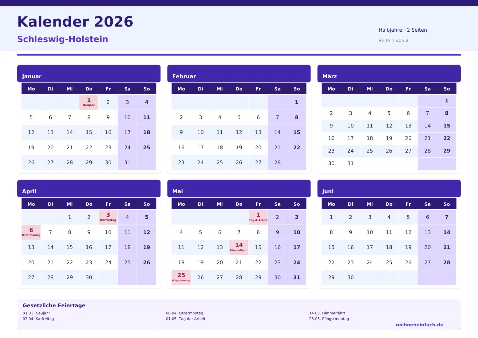 Kalender 2026 Schleswig-Holstein Querformat · Halbjahre (2 Seiten) Vorschau